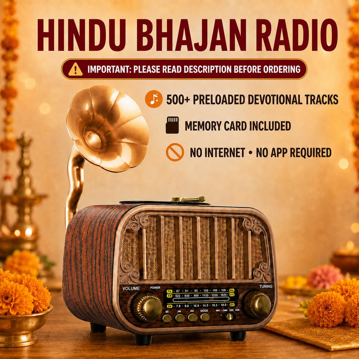 Vintage Bluetooth Hindu Bhajan radio with 500 plus devotional tracks