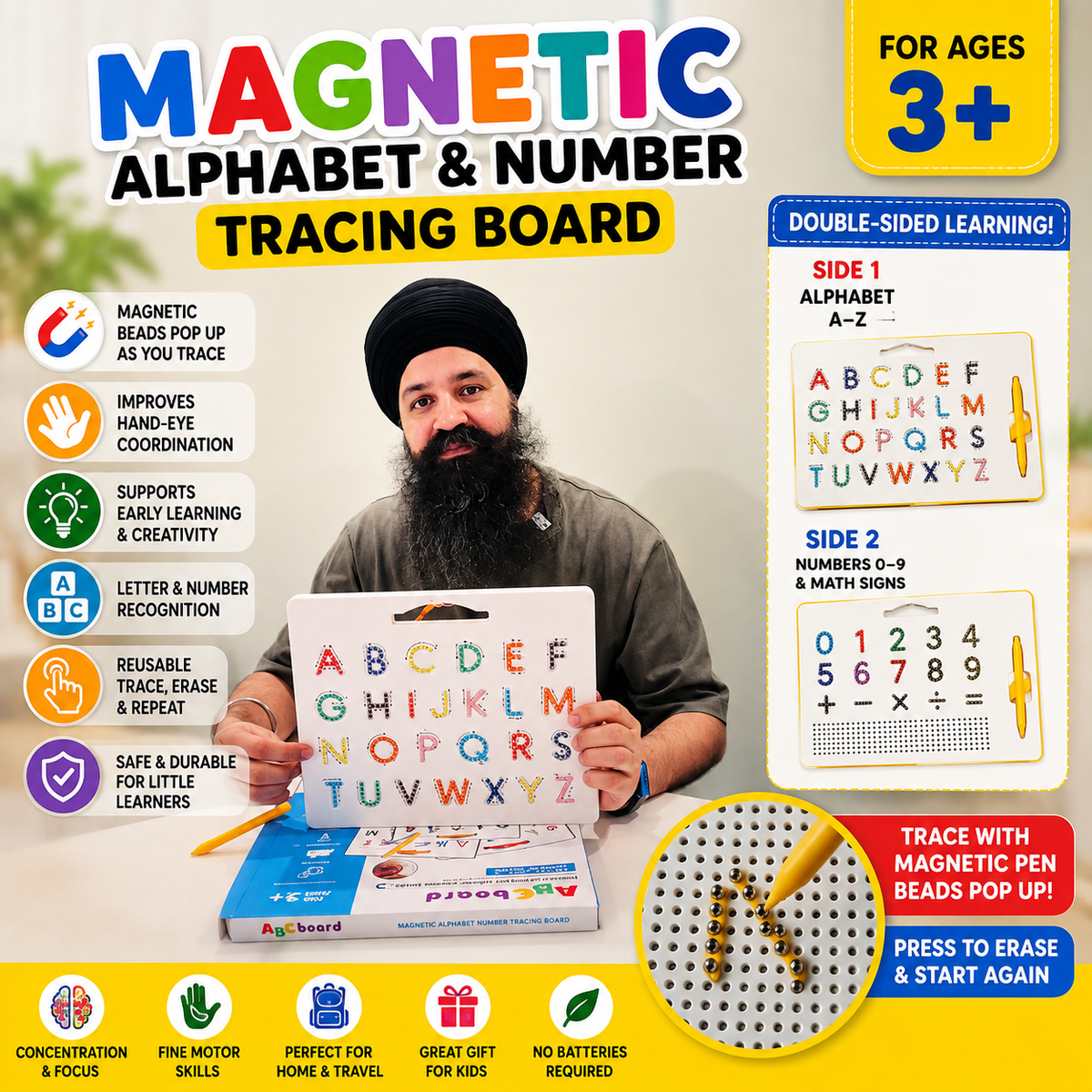 Magnetic alphabet and number tracing board for kids with magnetic stylus