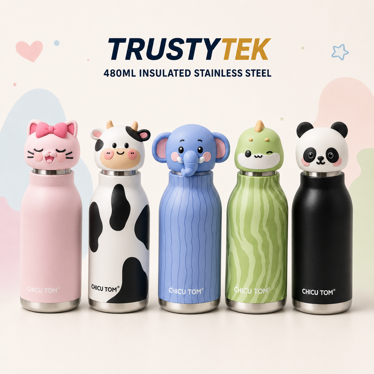 Chicu Tom 480ml Kids Insulated Stainless Steel Animal Water Bottle with Straw