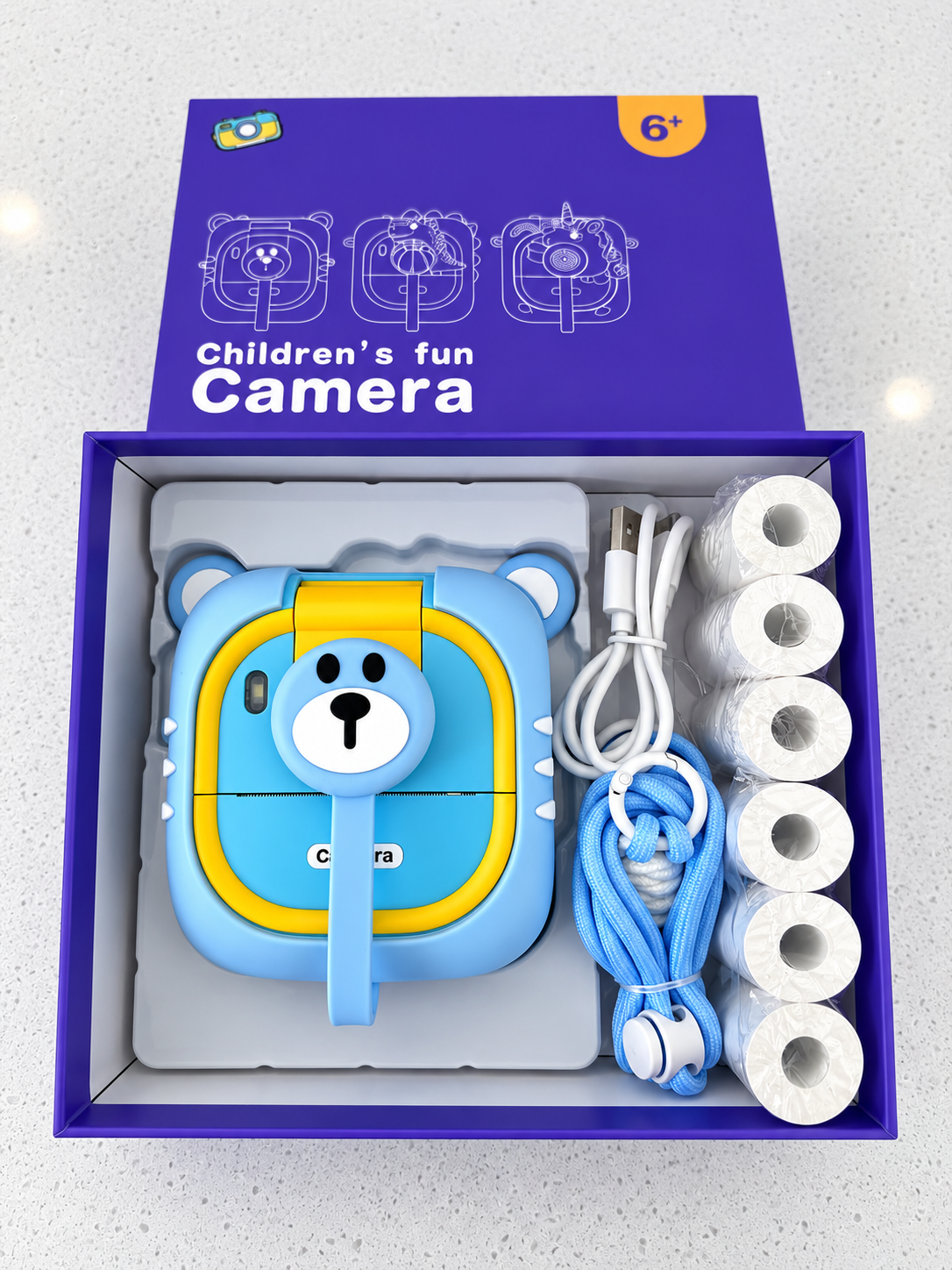 Blue bear kids instant print camera gift set with charging cable, lanyard and six photo printing rolls