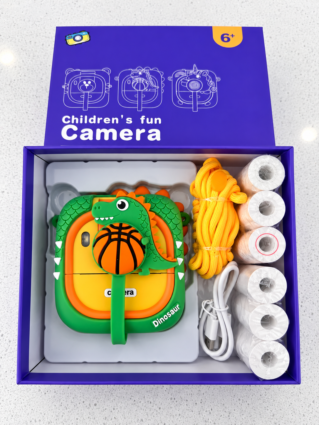 Green dinosaur kids instant print camera gift set with charging cable, lanyard and six photo printing rolls