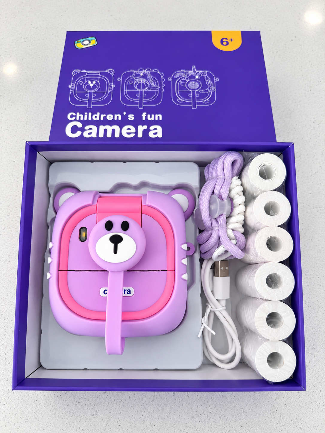 Purple and pink bear kids instant print camera gift set with charging cable, lanyard and six photo printing rolls