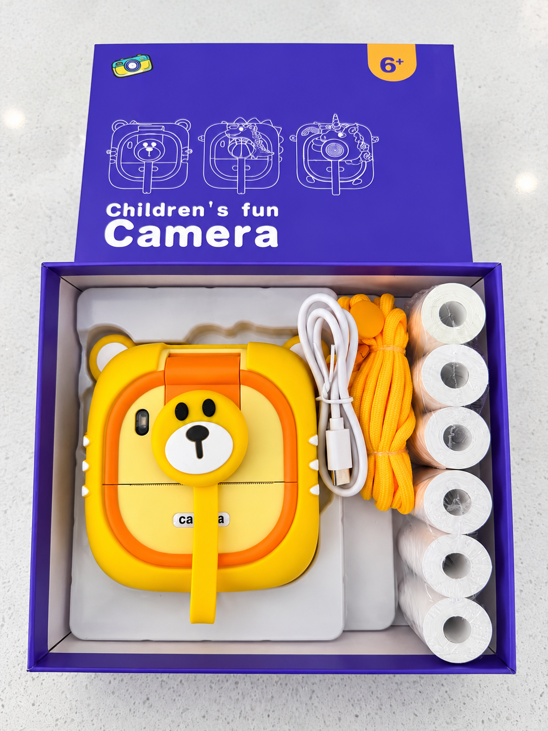 Yellow bear kids instant print camera gift set with charging cable, lanyard and six photo printing rolls